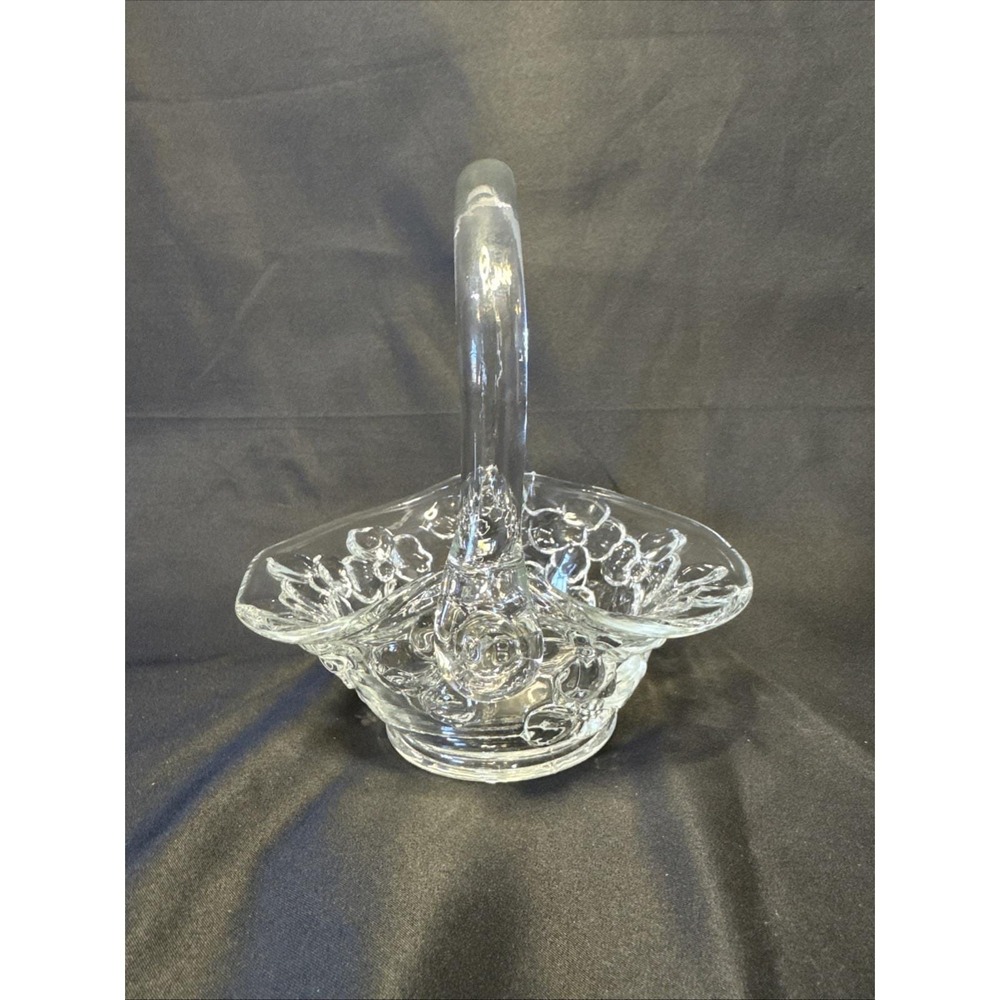 Vintage Clear Indiana Glass Tiara Handled Vanity Basket with Dogwood Blossoms
